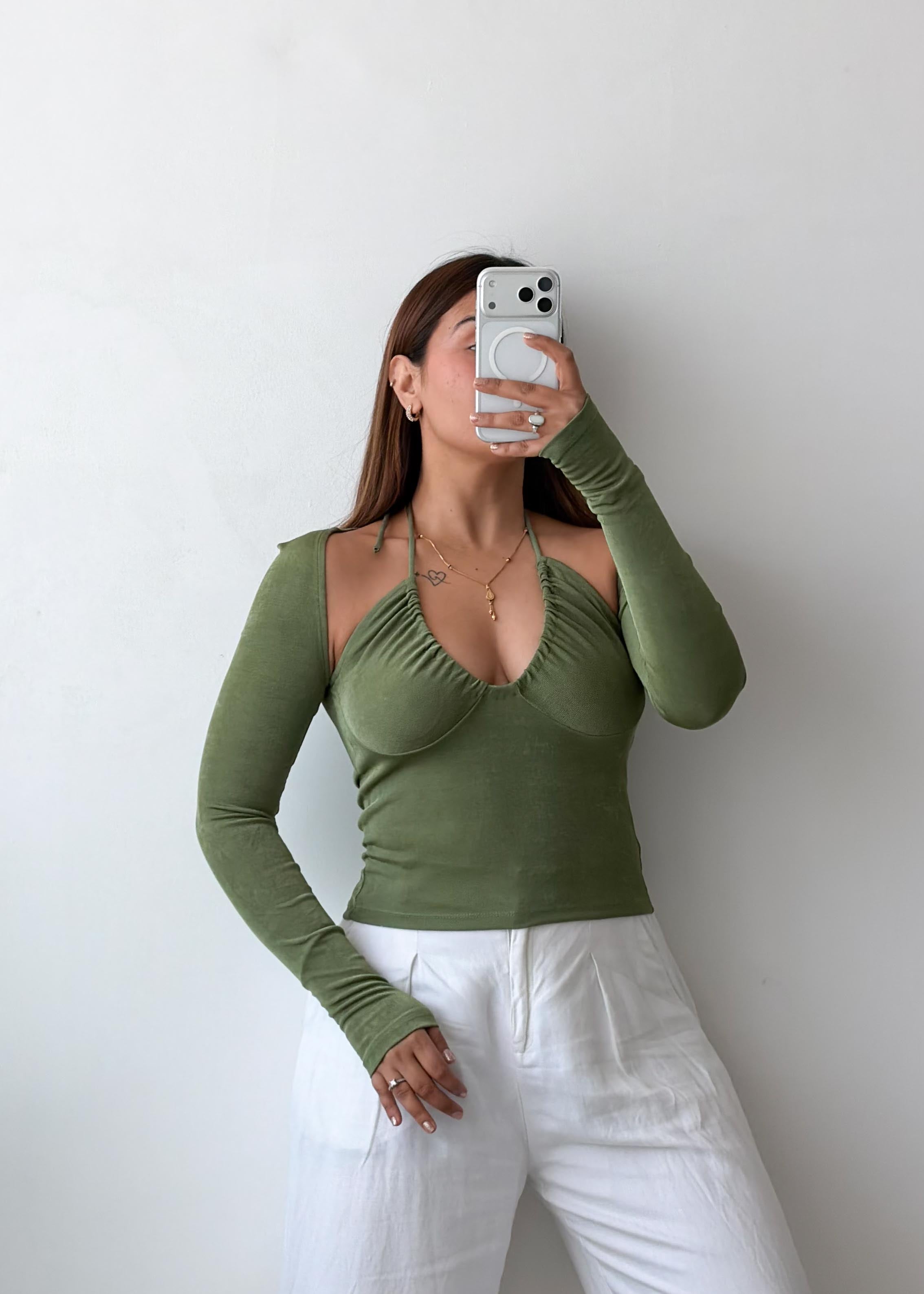 Size S-M Olive Cold Shoulder Ruched Top