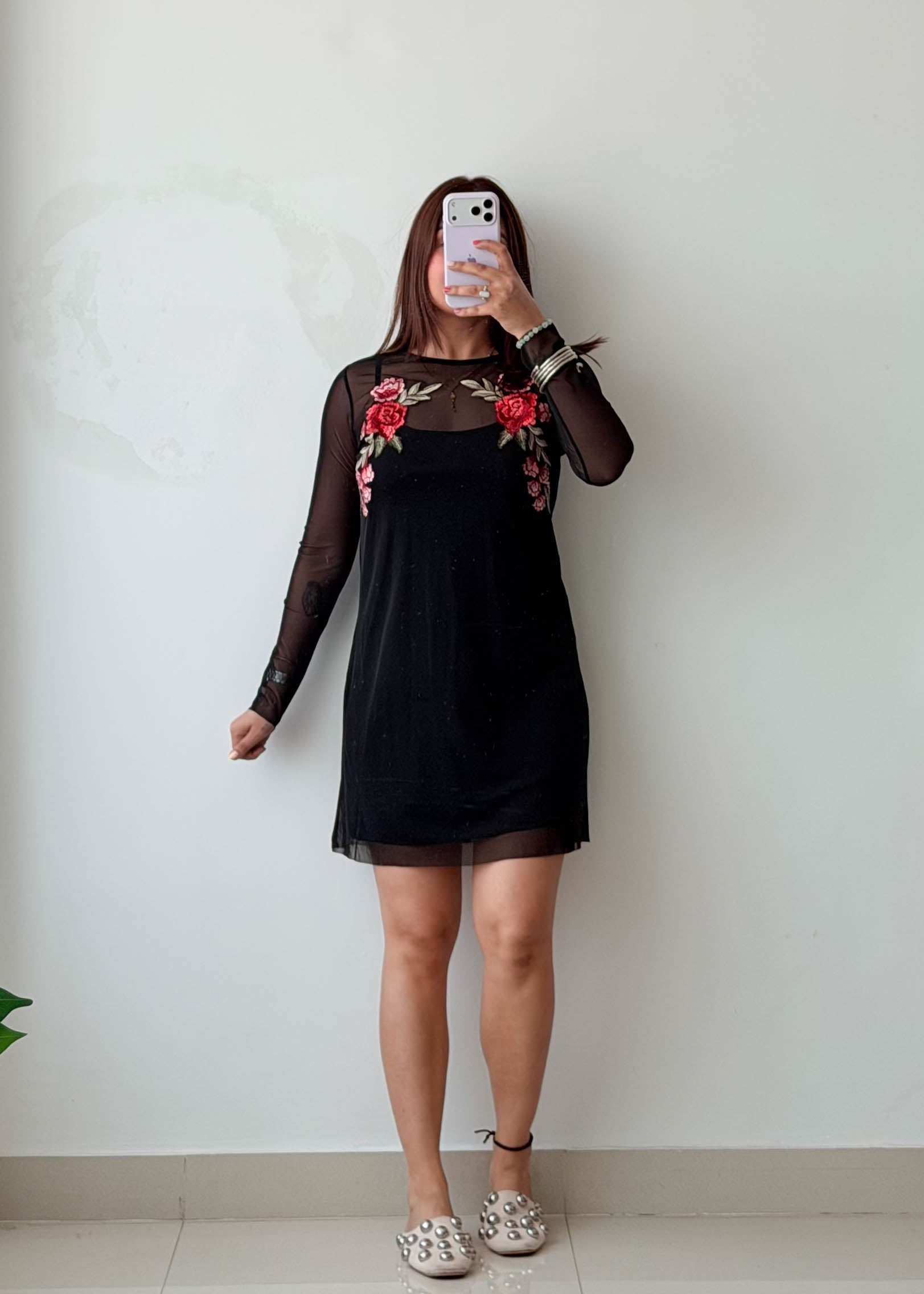 Size S-M Black Mesh Embroidered Dress With Lining