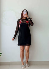 Size S-M Black Mesh Embroidered Dress With Lining
