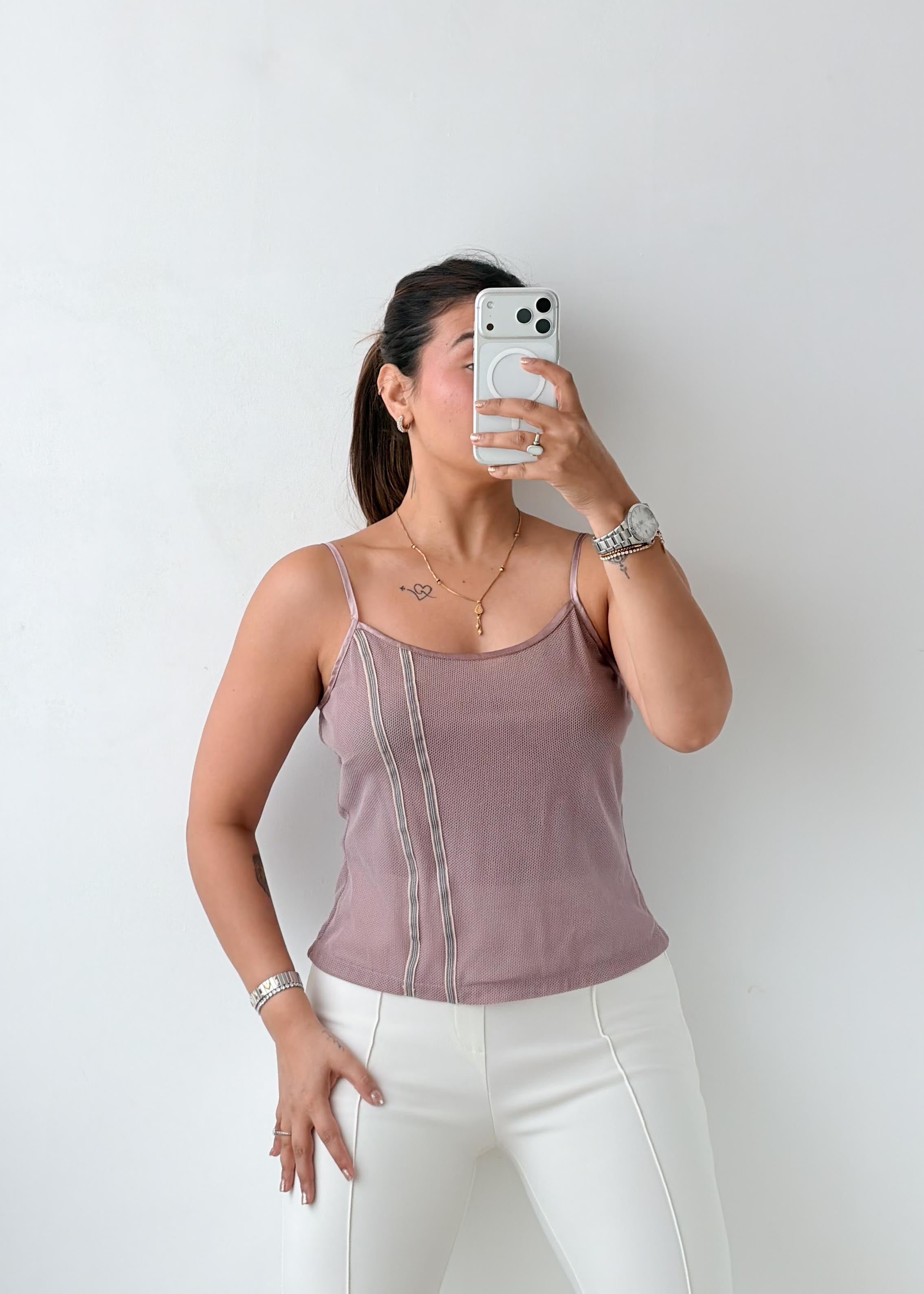 Size S-M Mauve Contrast Stitch Cami Top