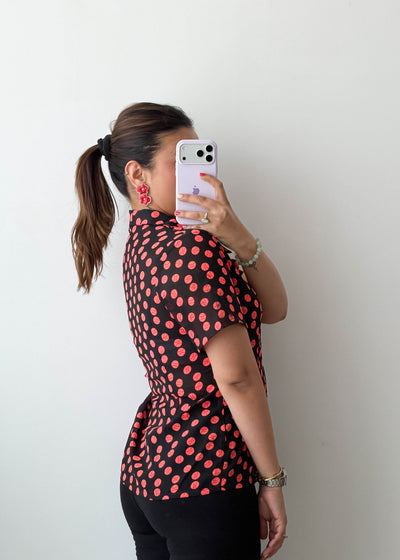 XS-S Black Red Polka Dot Viscose Crepe Shirt