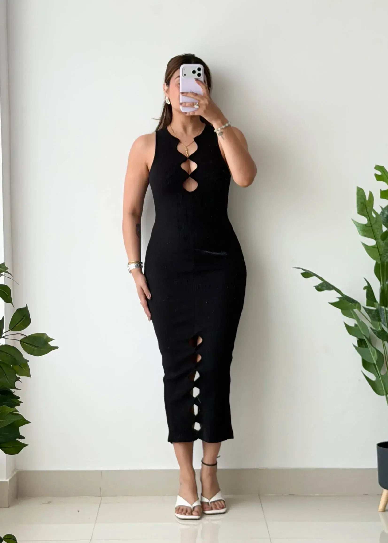 Size XS-S, Black Cut-Out Ribbed Midi Dress - Closet by Payal