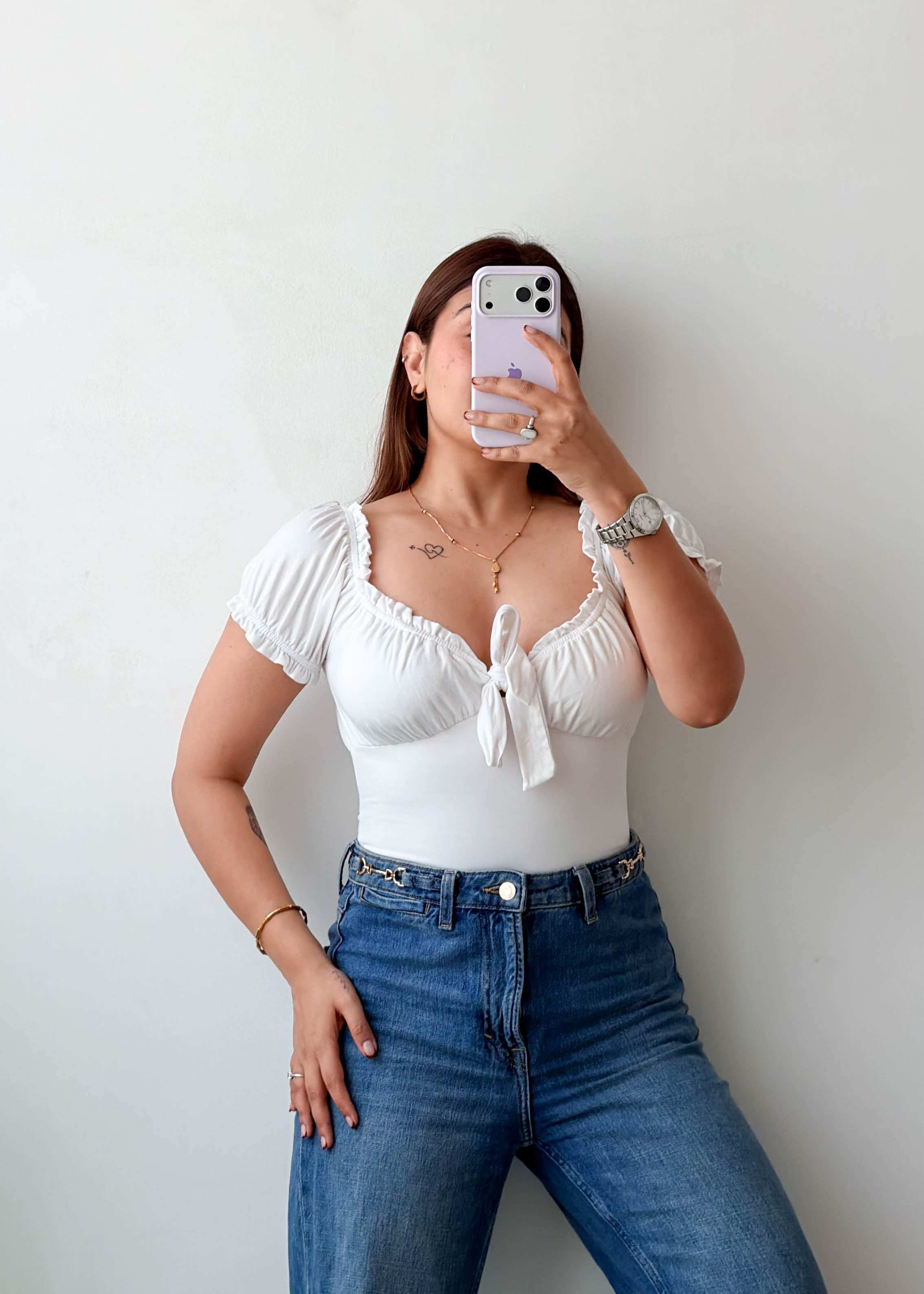 Size XS-S White Ruched Tie-Up Bodysuit