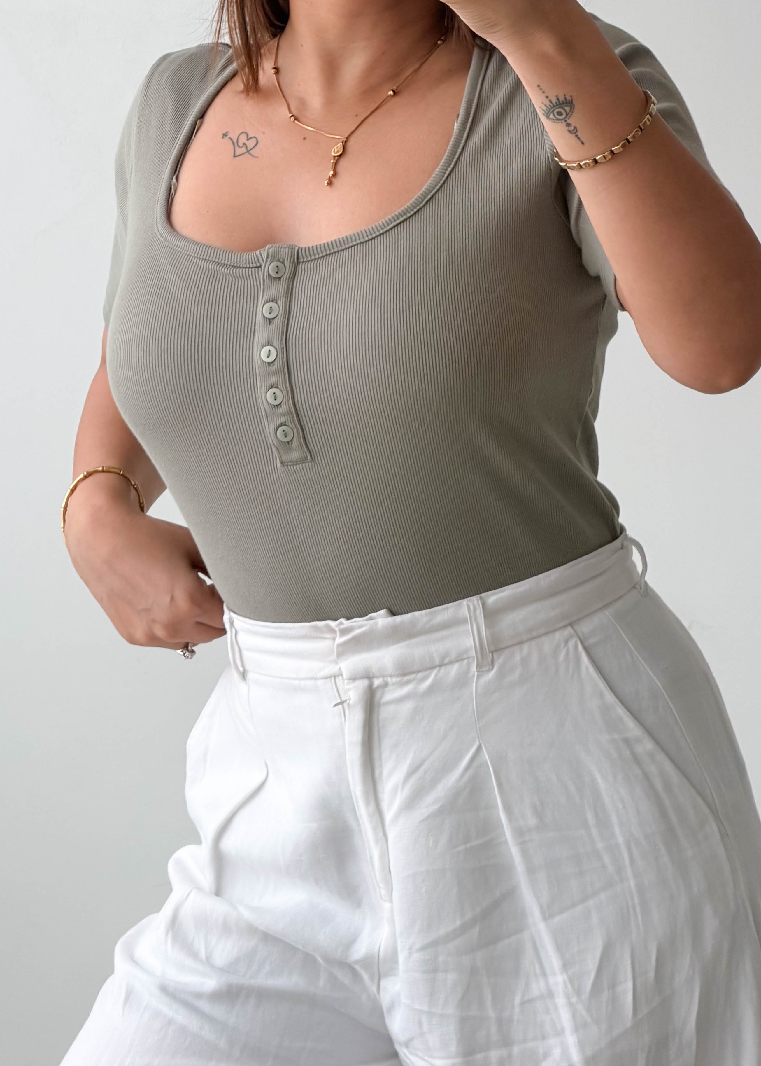 Size L Sage Henley Ribbed Bodysuit