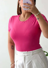 Size L, Hot Pink Round Neck Half Sleeve Bodysuit