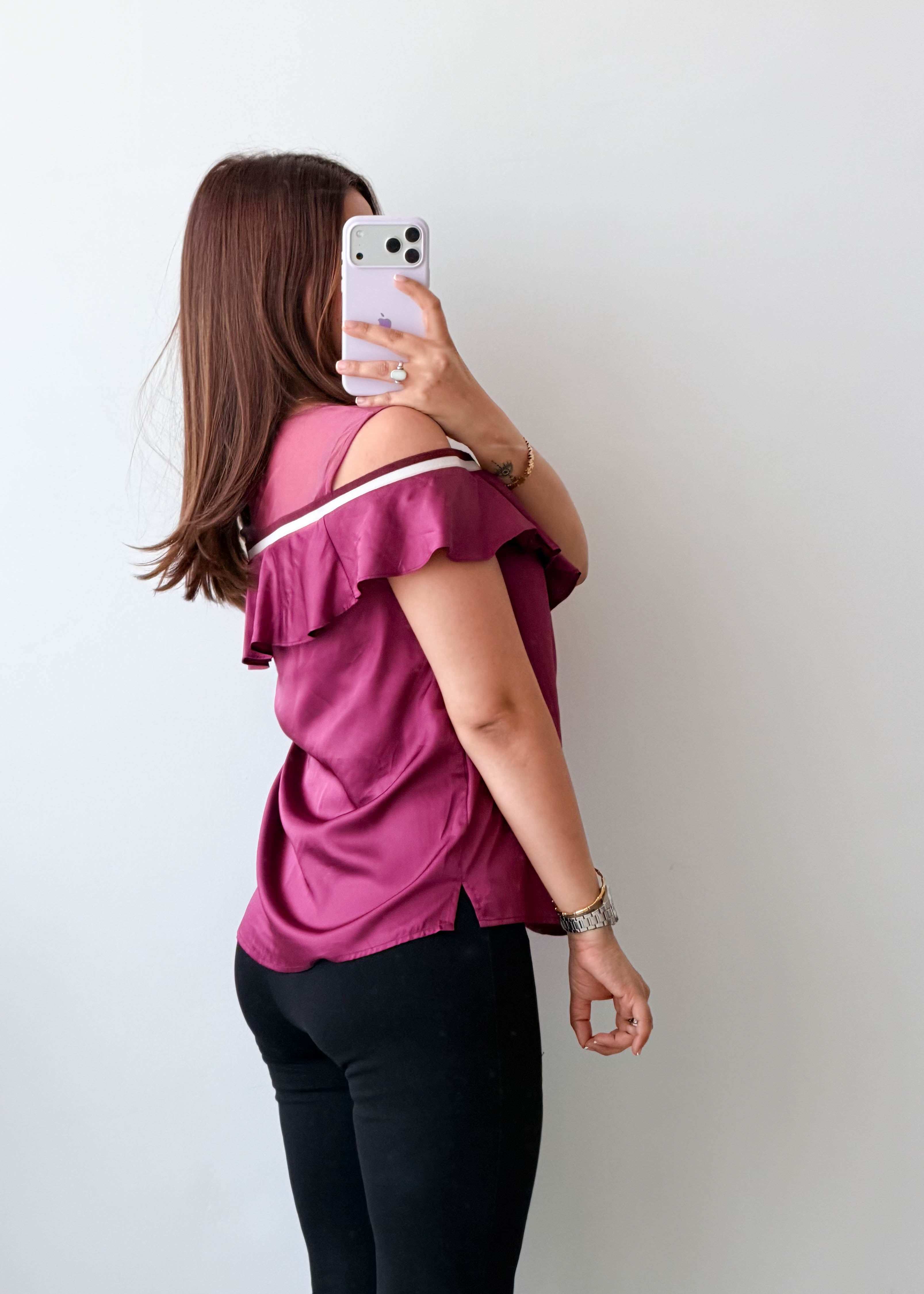 Size S-M Magenta Cold Shoulder Ruffle Top