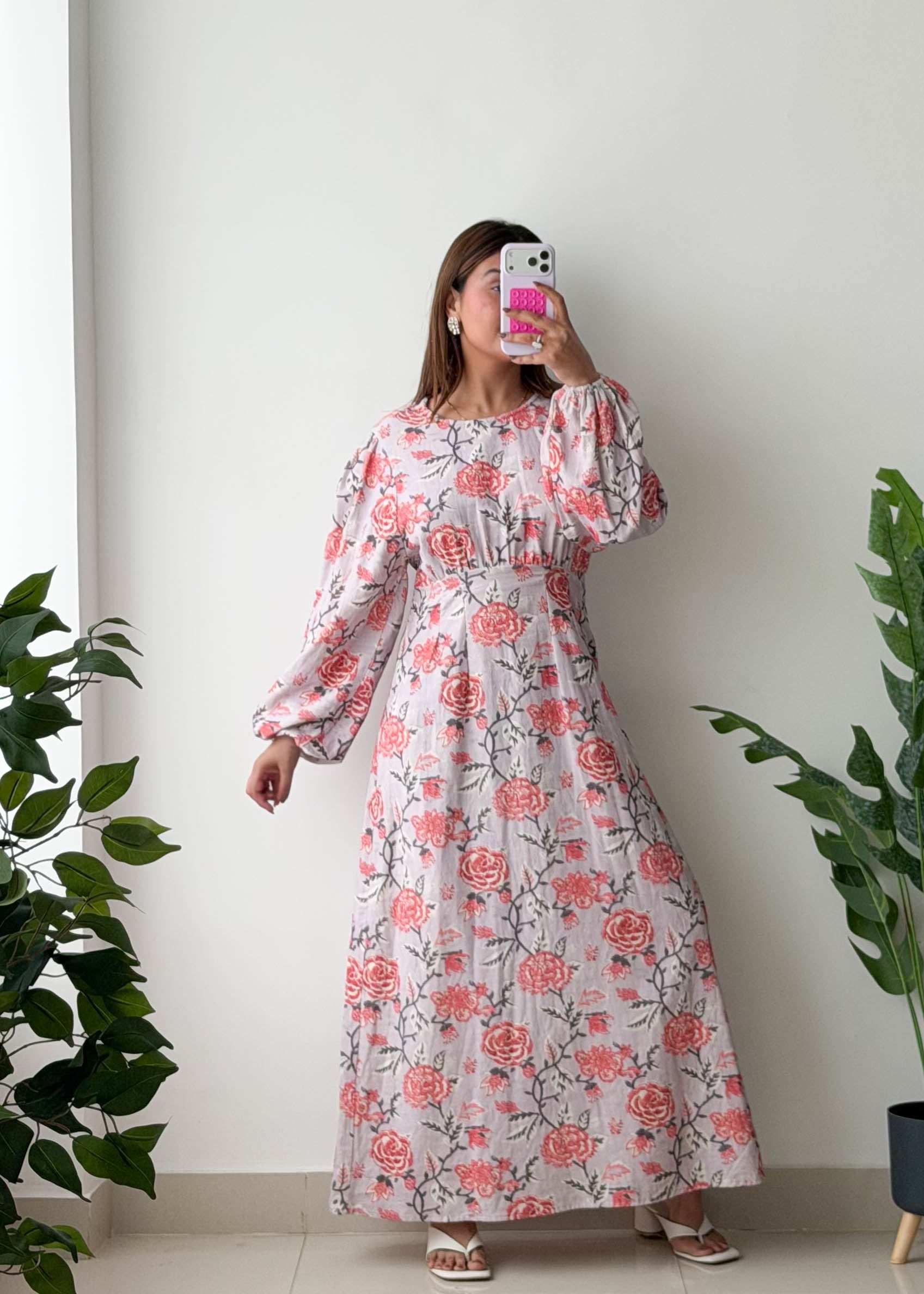 Size S-M, White & Pink Floral Maxi Dress