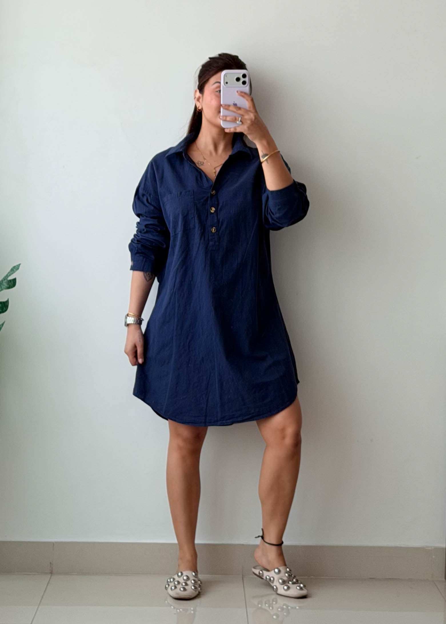 Size M-L Navy Cotton Shirt Dress