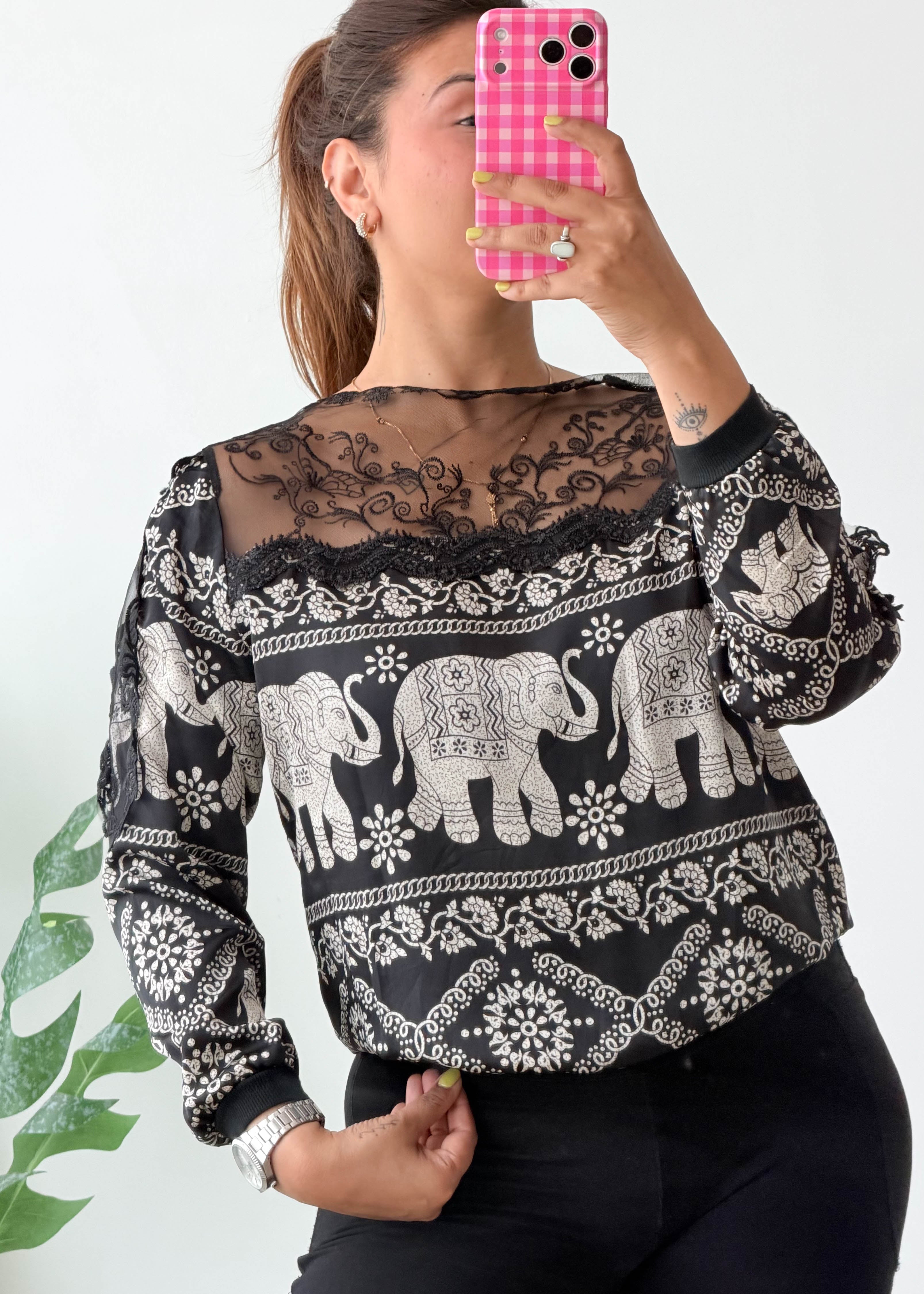 Size S-M Black Elephant Lace Top