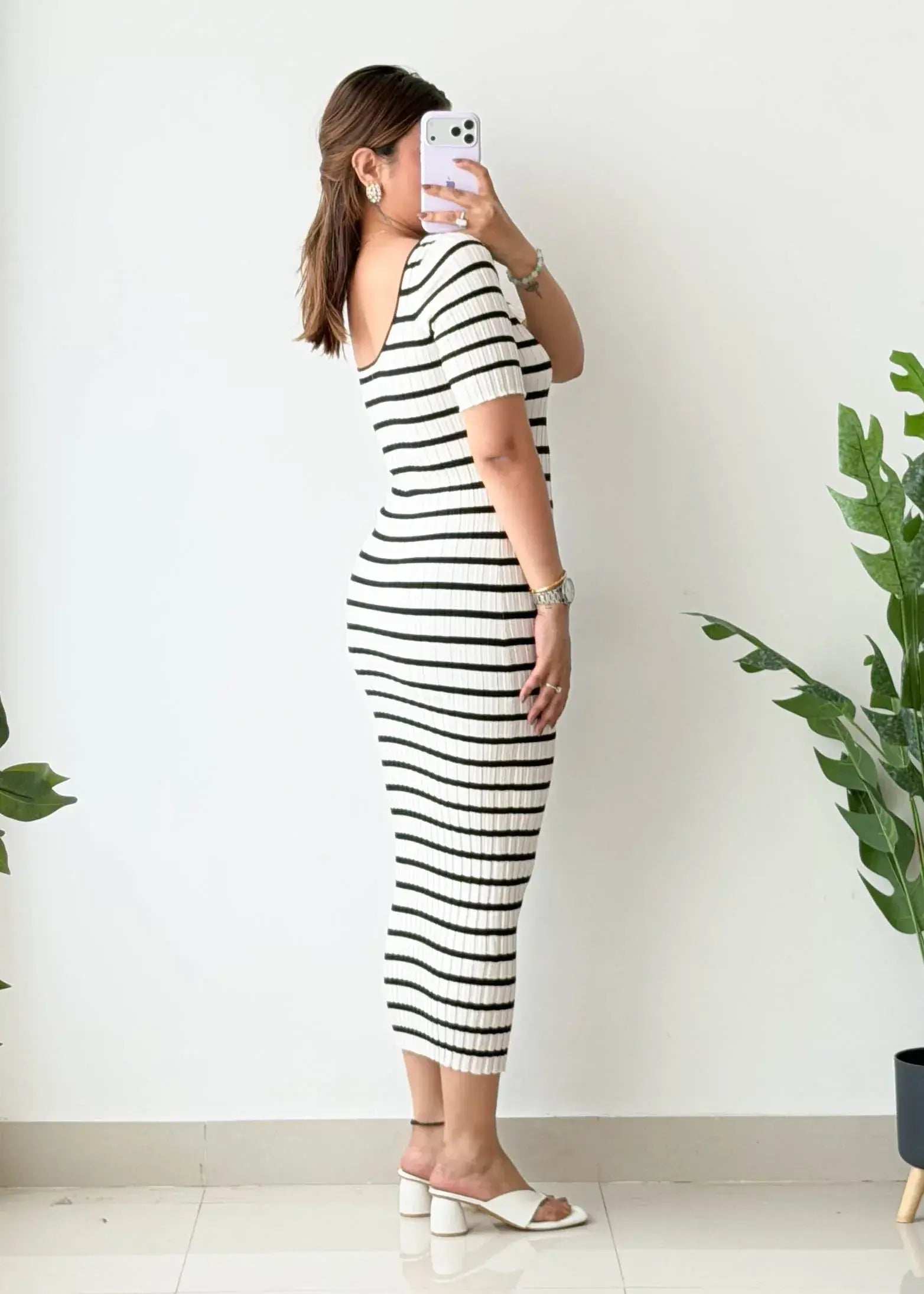 Size XS-S, White & Black Stripe Ribbed Midi Dress - Closet by Payal
