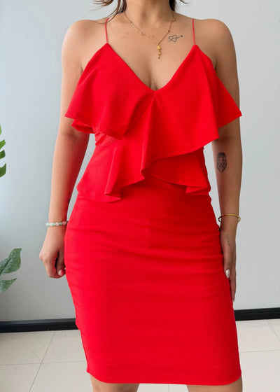 Size S-M, Red Ruffle Bodycon Midi Dress - Closet by Payal