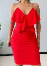 Size S-M, Red Ruffle Bodycon Midi Dress - Closet by Payal