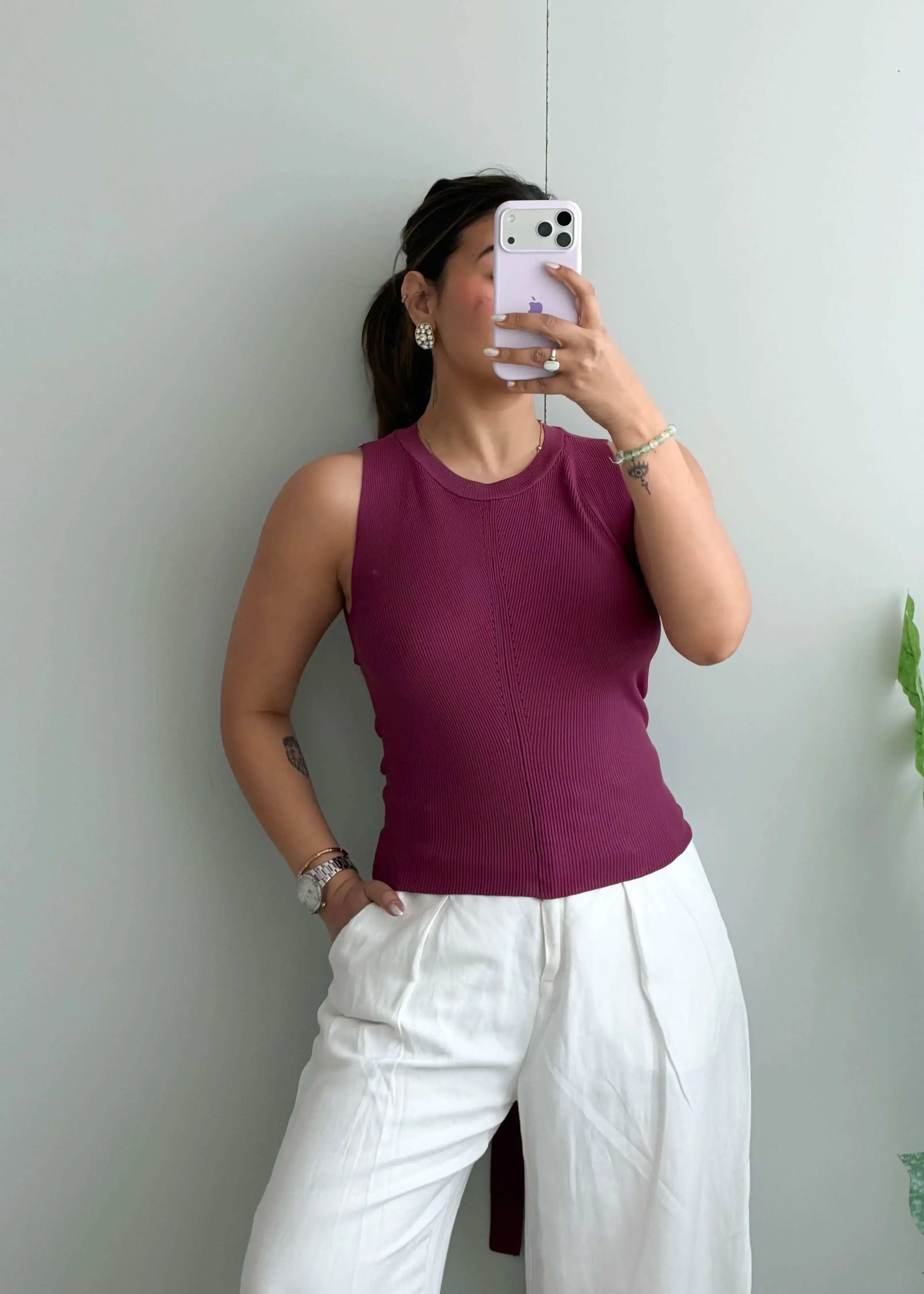 Size M-L, Burgundy Back Tie Ribbed Top - Closet by Payal