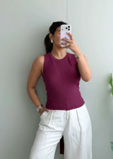 Size M-L, Burgundy Back Tie Ribbed Top - Closet by Payal