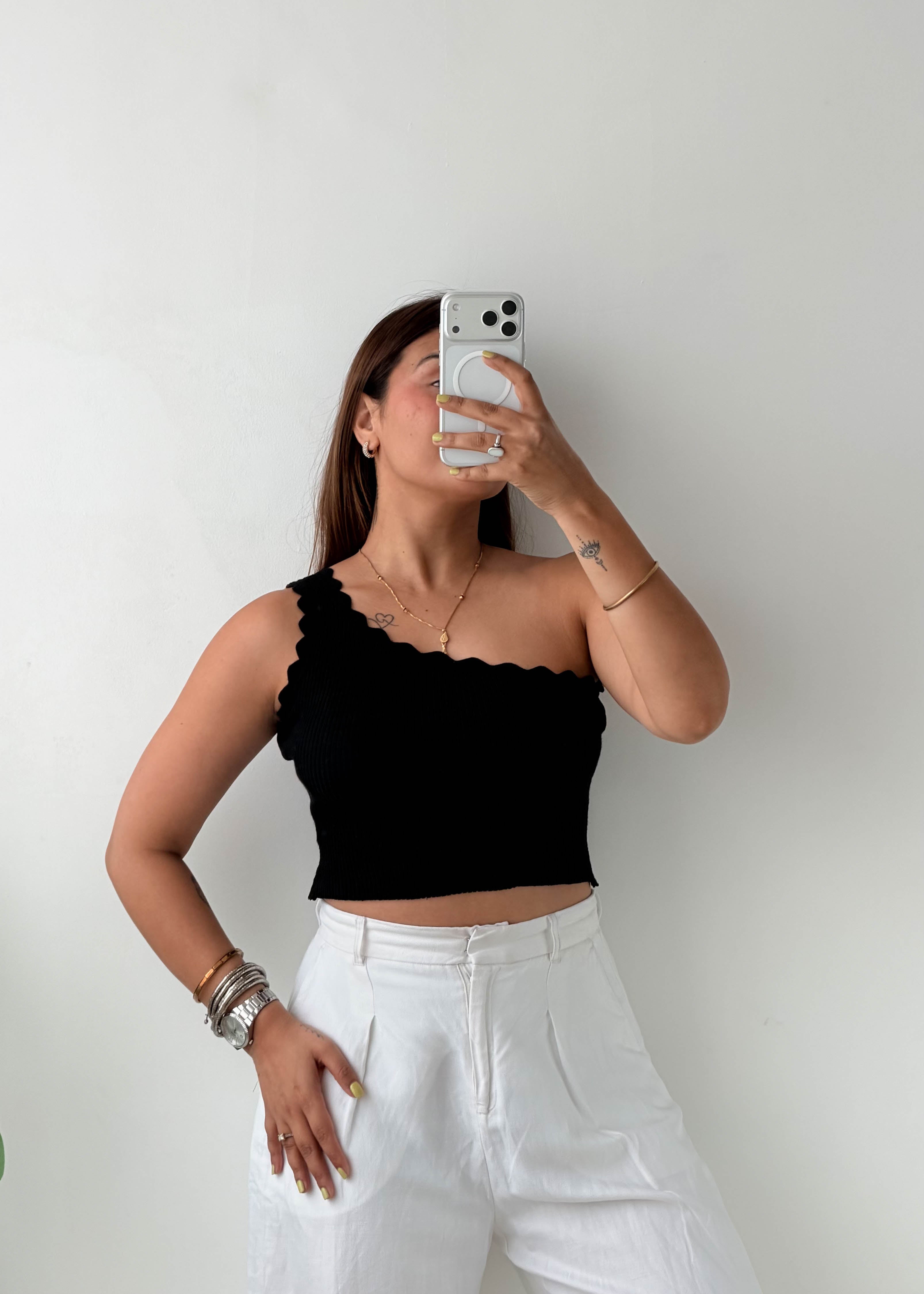 Size S-M Black One-Shoulder Scallop Top