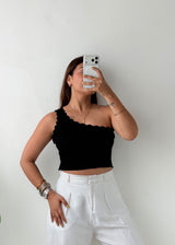 Size S-M Black One-Shoulder Scallop Top