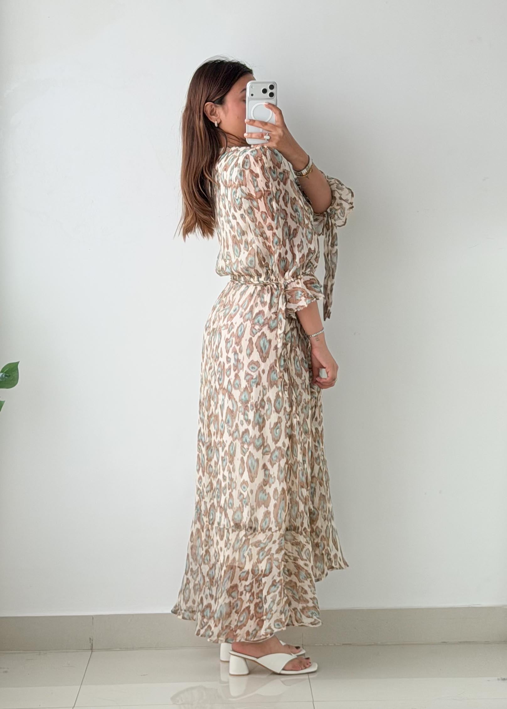 Size S-M Beige Printed Wrap Maxi Dress