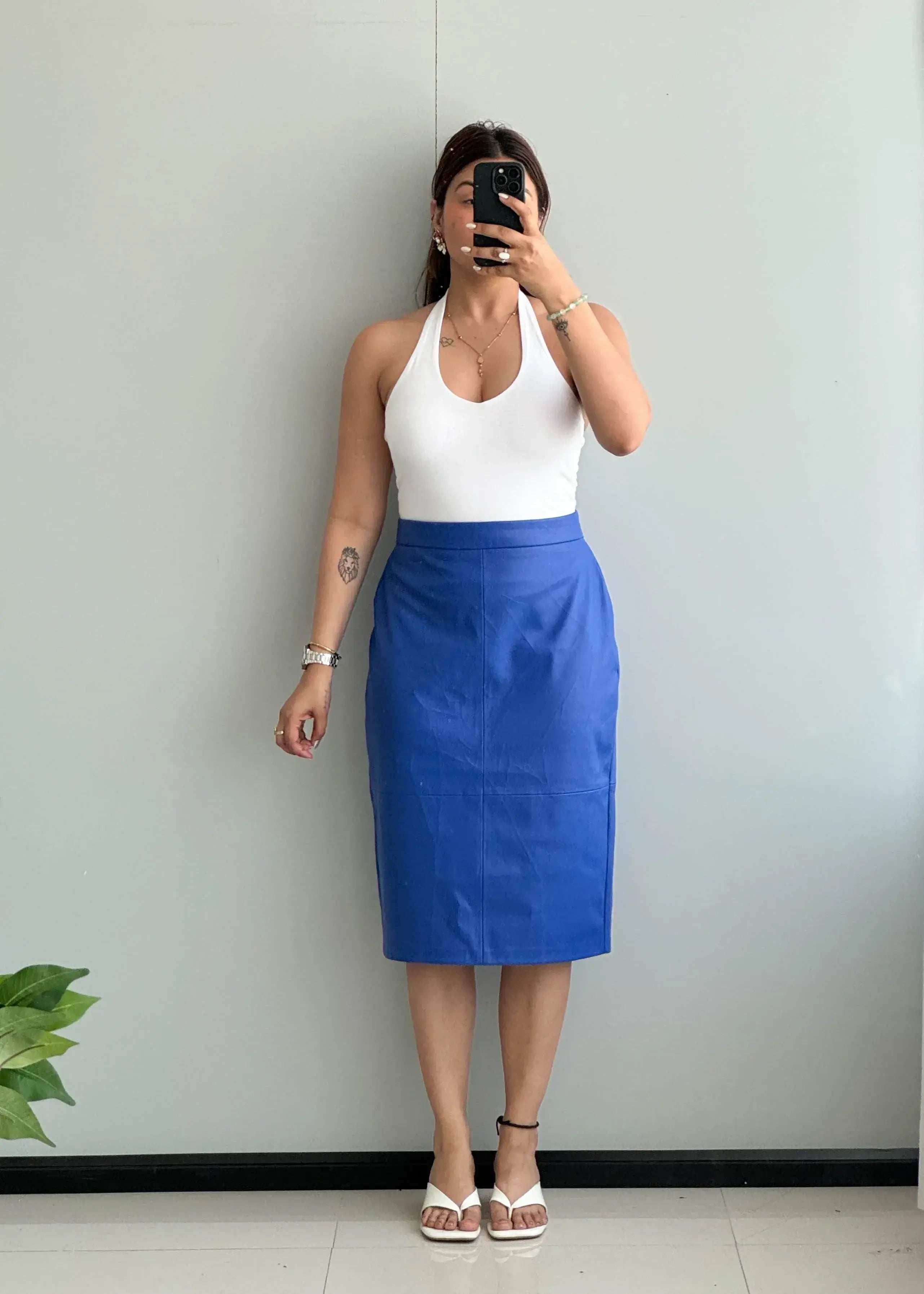 Waist : 32-33, Blue Leather Skirt - Closet by Payal
