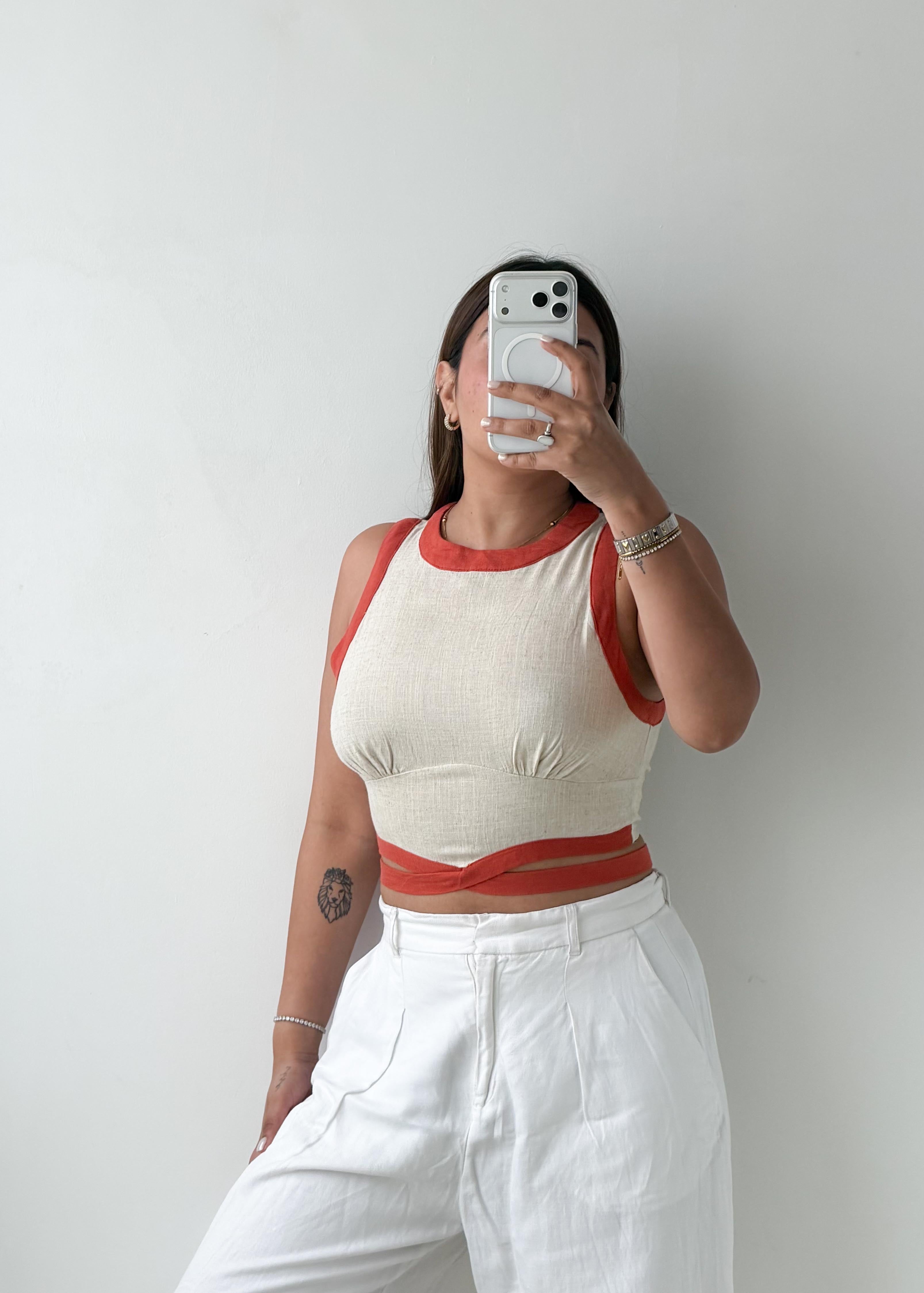 Size S Beige & Rust Wrap Crop Top