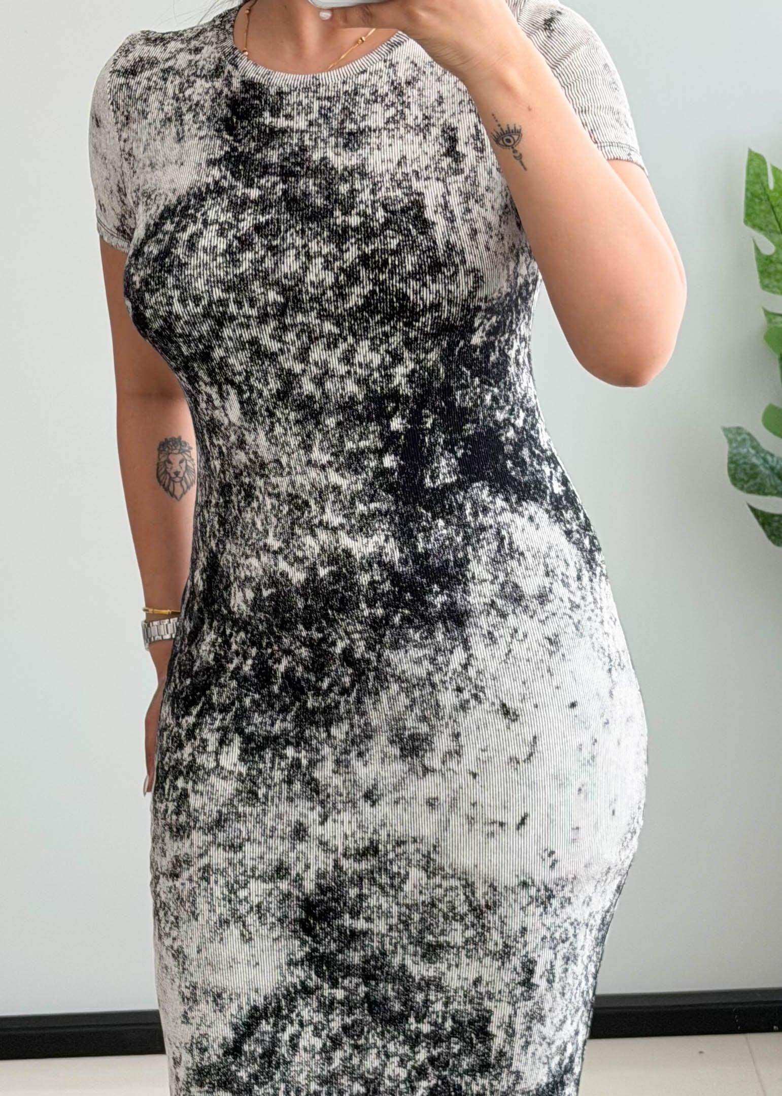 SIZE S-M, Abstract Marble Print Bodycon Midi Dress - Closet by Payal