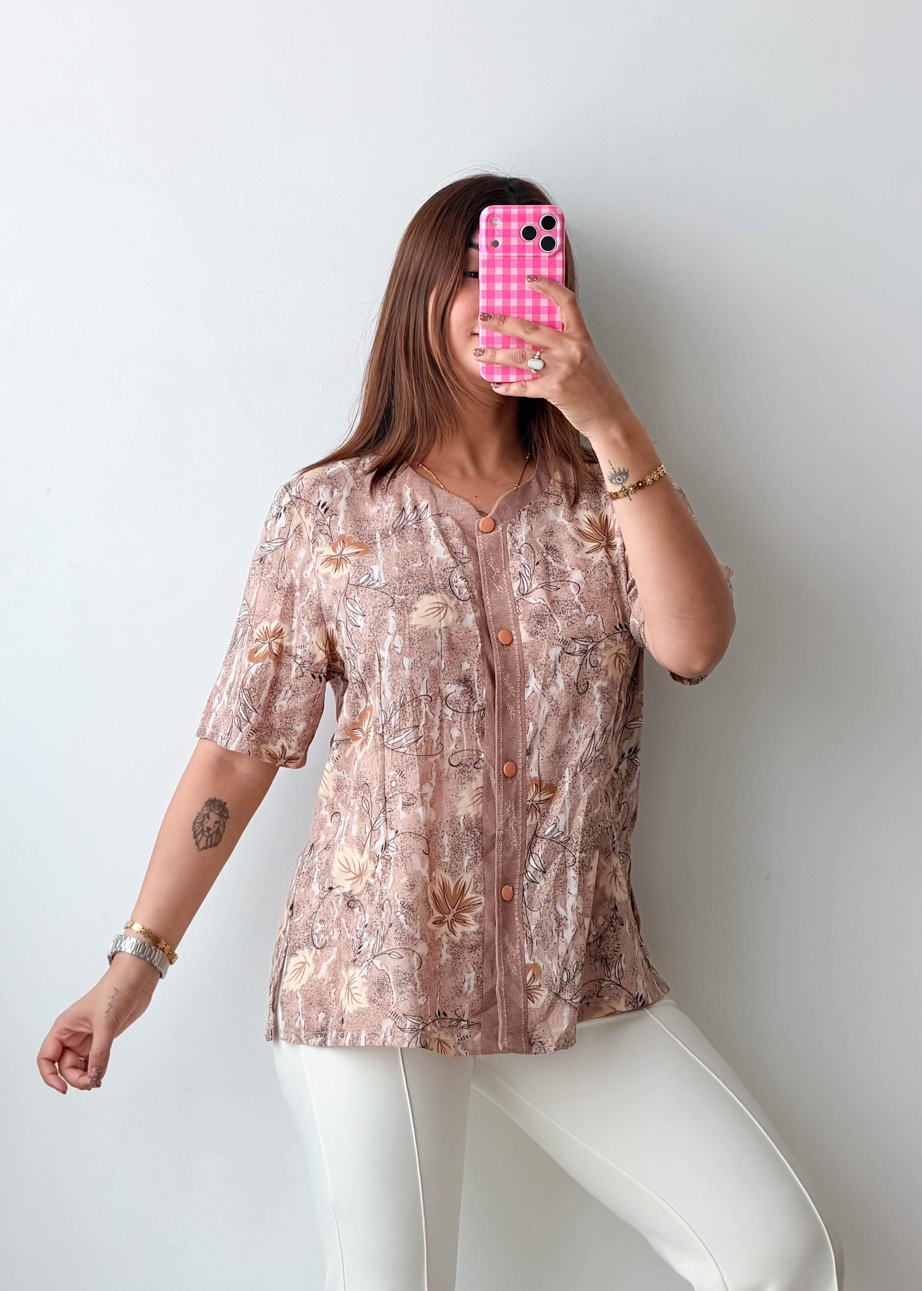 Size S-M Beige Botanical Print Button Shirt Top