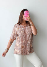 Size S-M Beige Botanical Print Button Shirt Top