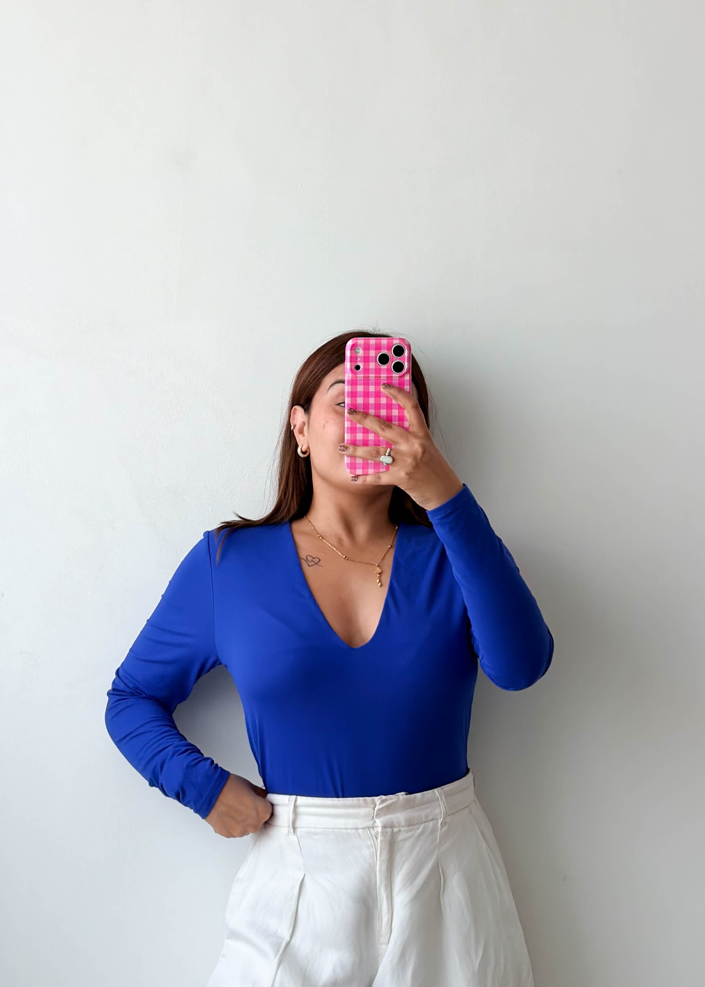 Size L-XL Royal Blue V-Neck Long Sleeve Bodysuit