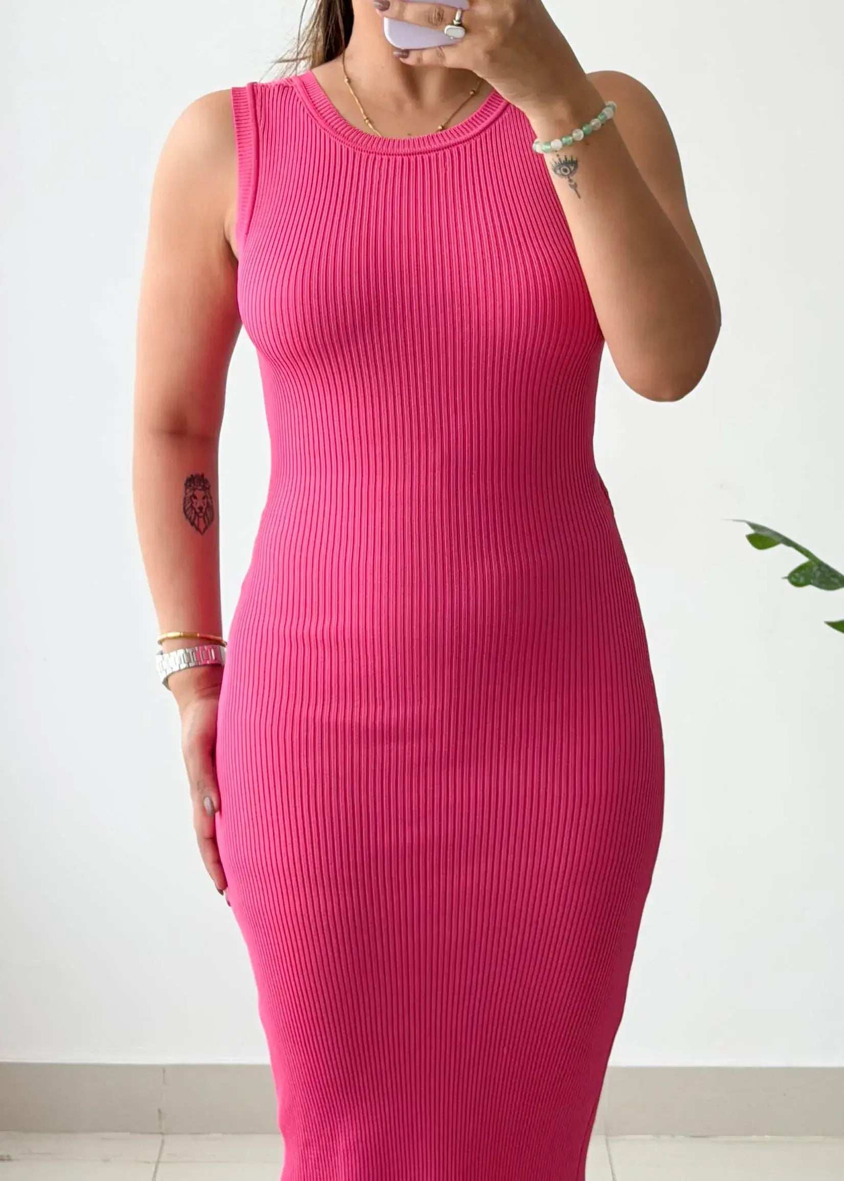 Size S-M, Pink Sleeveless Ribbed Midi Dress - Closet by Payal