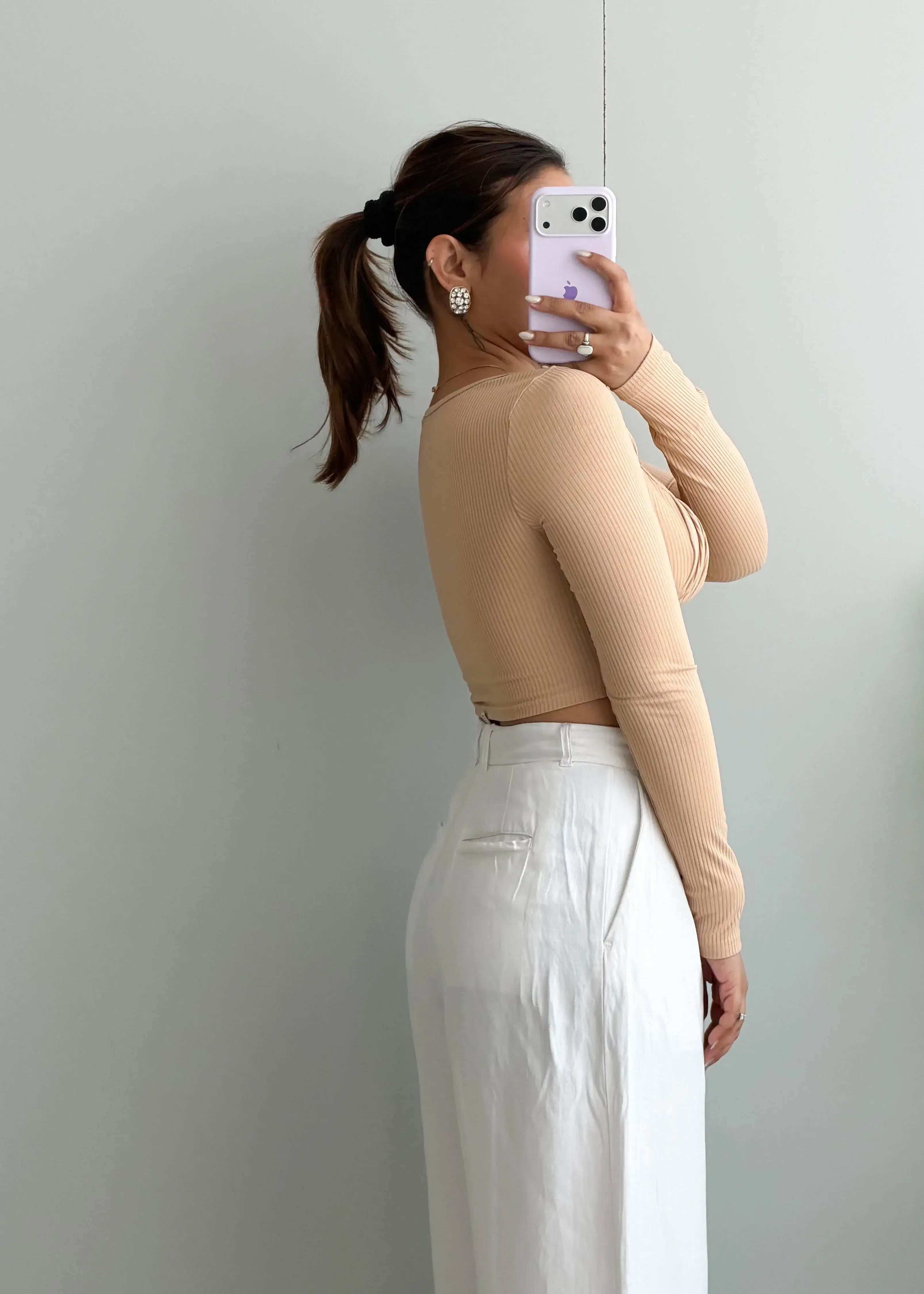 Size XS-S, Beige Ruched Long Sleeve Crop Top - Closet by Payal