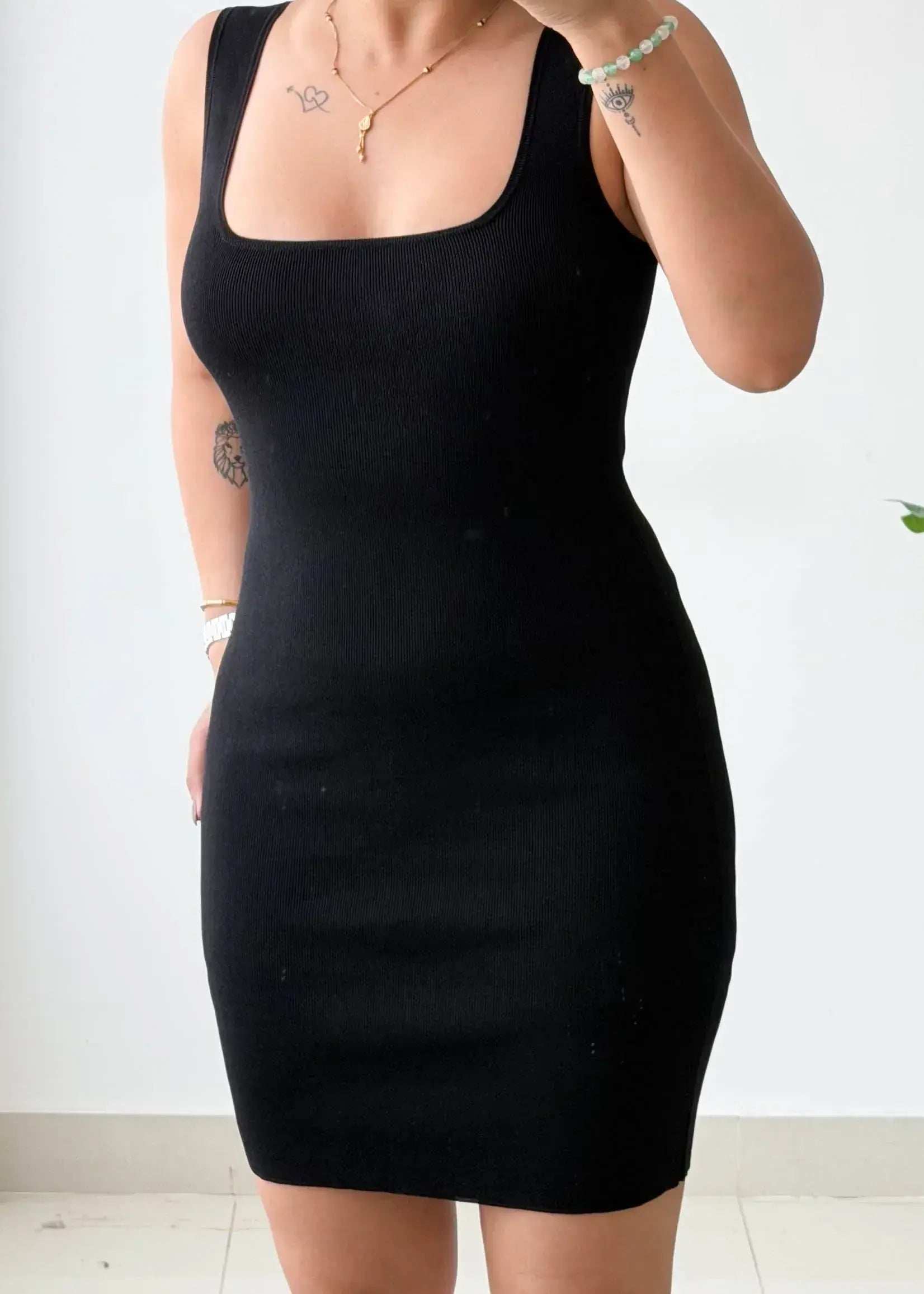 Size S-M, Black Square Neck Mini Dress - Closet by Payal