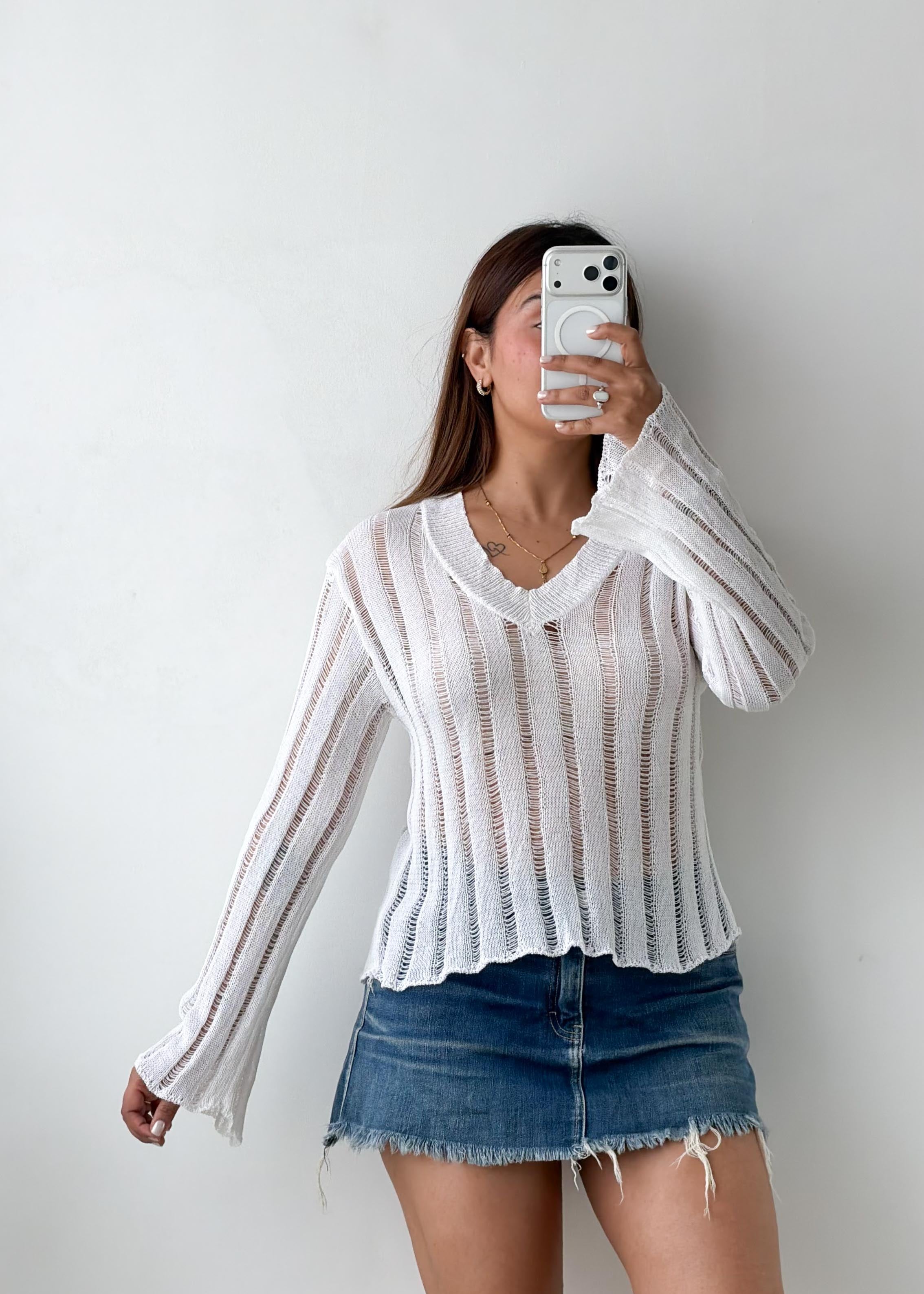 Size S-M White Sheer Ribbed Knit Top
