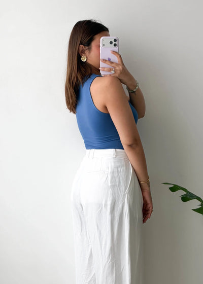 Size M-L, Steel Blue High Neck Sleeveless Bodysuit