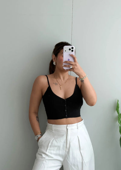 Size S-M, Black Button Front Ribbed Crop Top - Closet by Payal