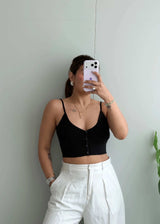 Size S-M, Black Button Front Ribbed Crop Top - Closet by Payal