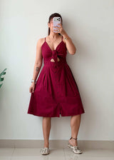 Size M-L Wine Cotton Cut-Out Midi Dress