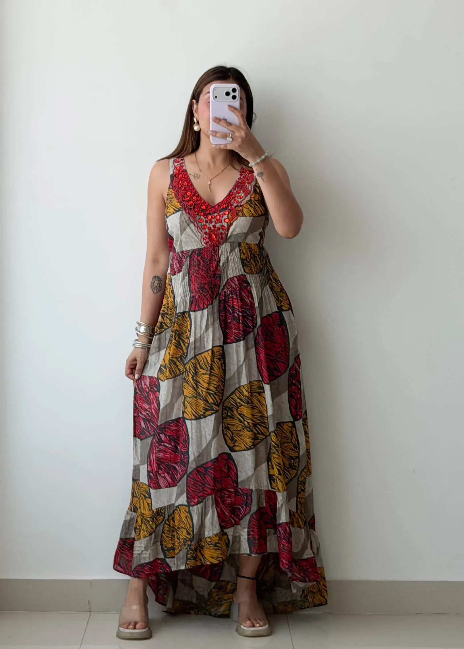 Size M, Multicolor Printed Maxi Dress