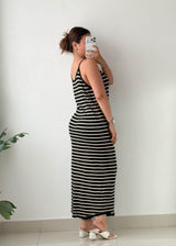 Size XL-2XL Black Striped Ribbed Knit Maxi Dress
