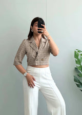 Size S-M, Beige Plaid Cropped Blazer Top for Women - Closet by Payal