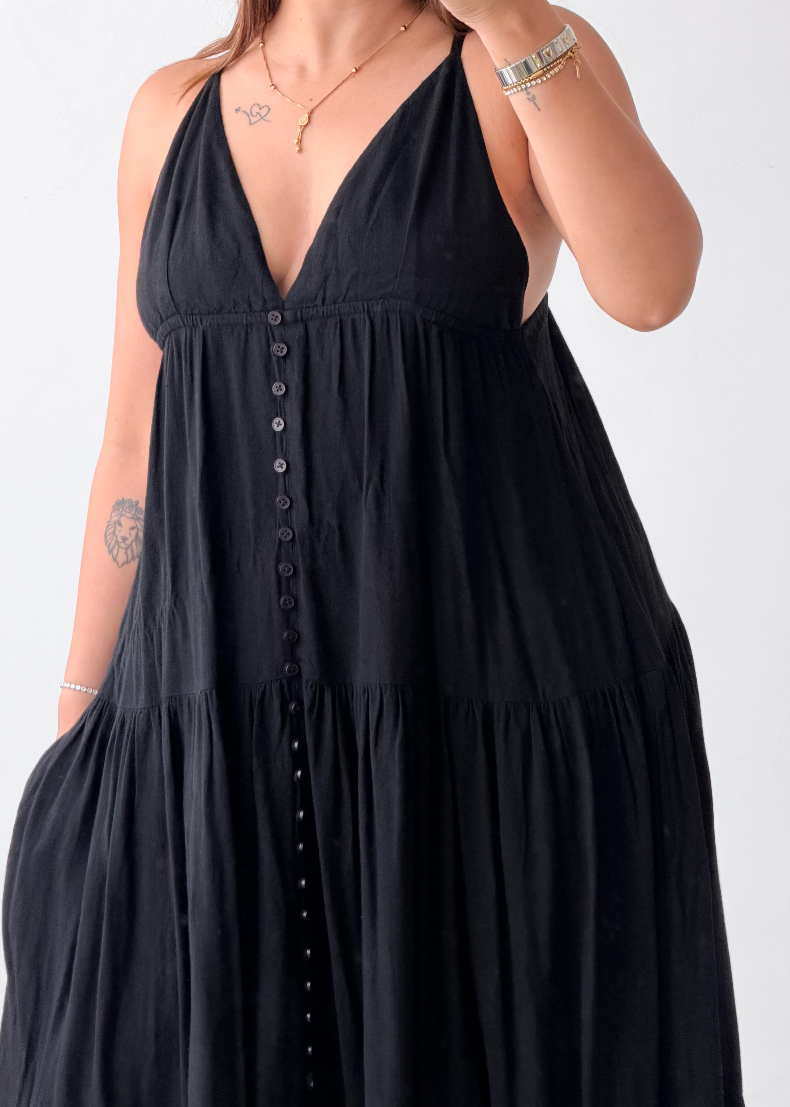 Size S-M Black V-Neck Tiered Maxi Dress