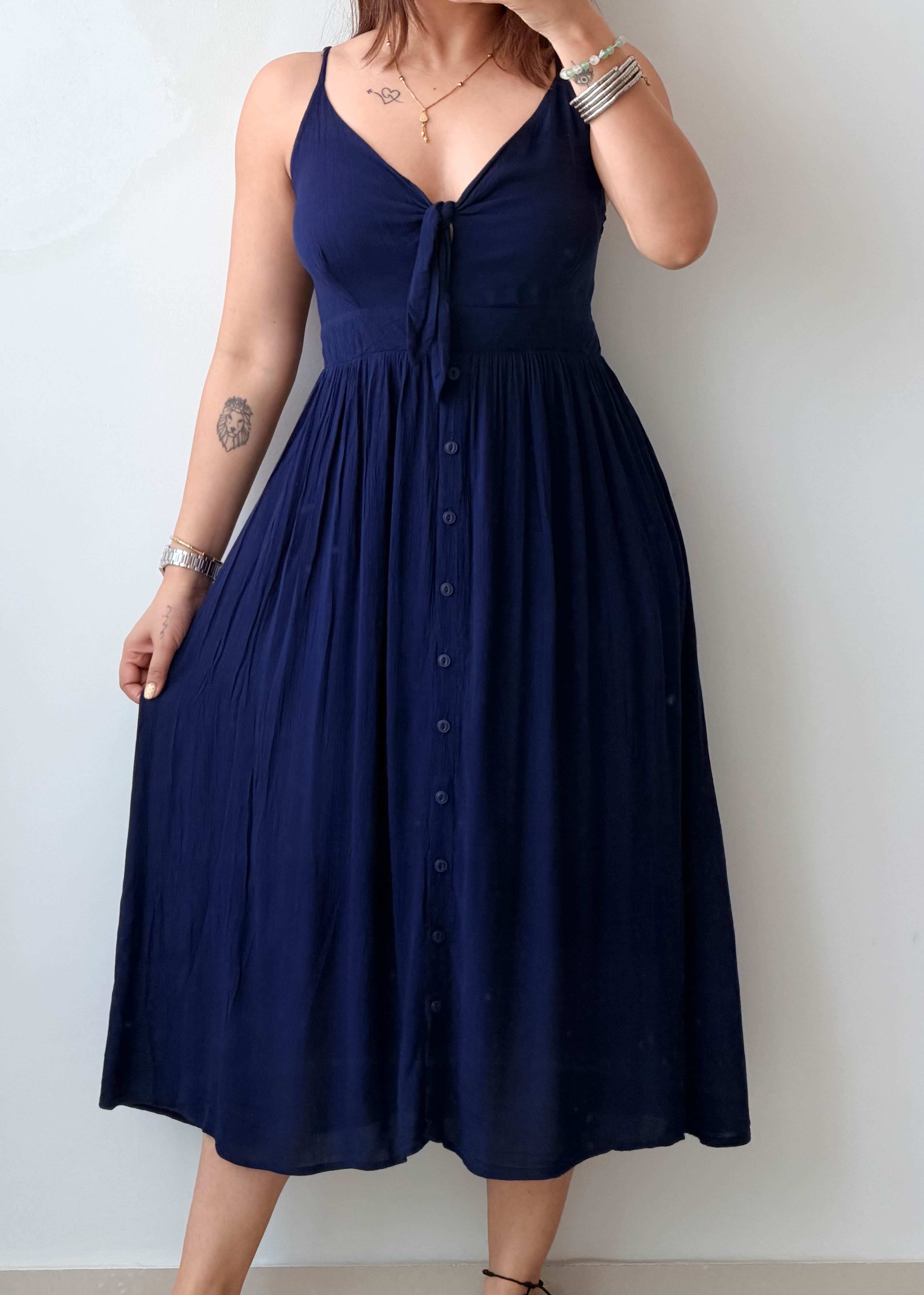Size S-M Navy Blue Cotton Tie-Up Midi Dress