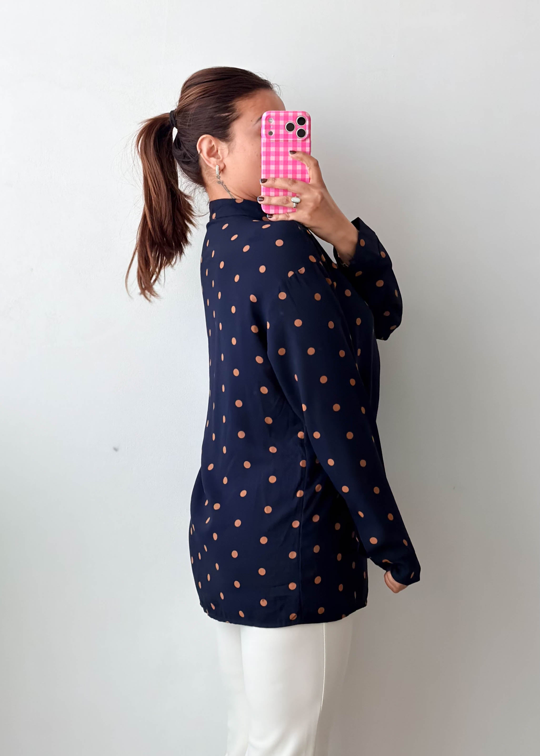 Size M-L Navy Brown Polka Dot Shirt Top