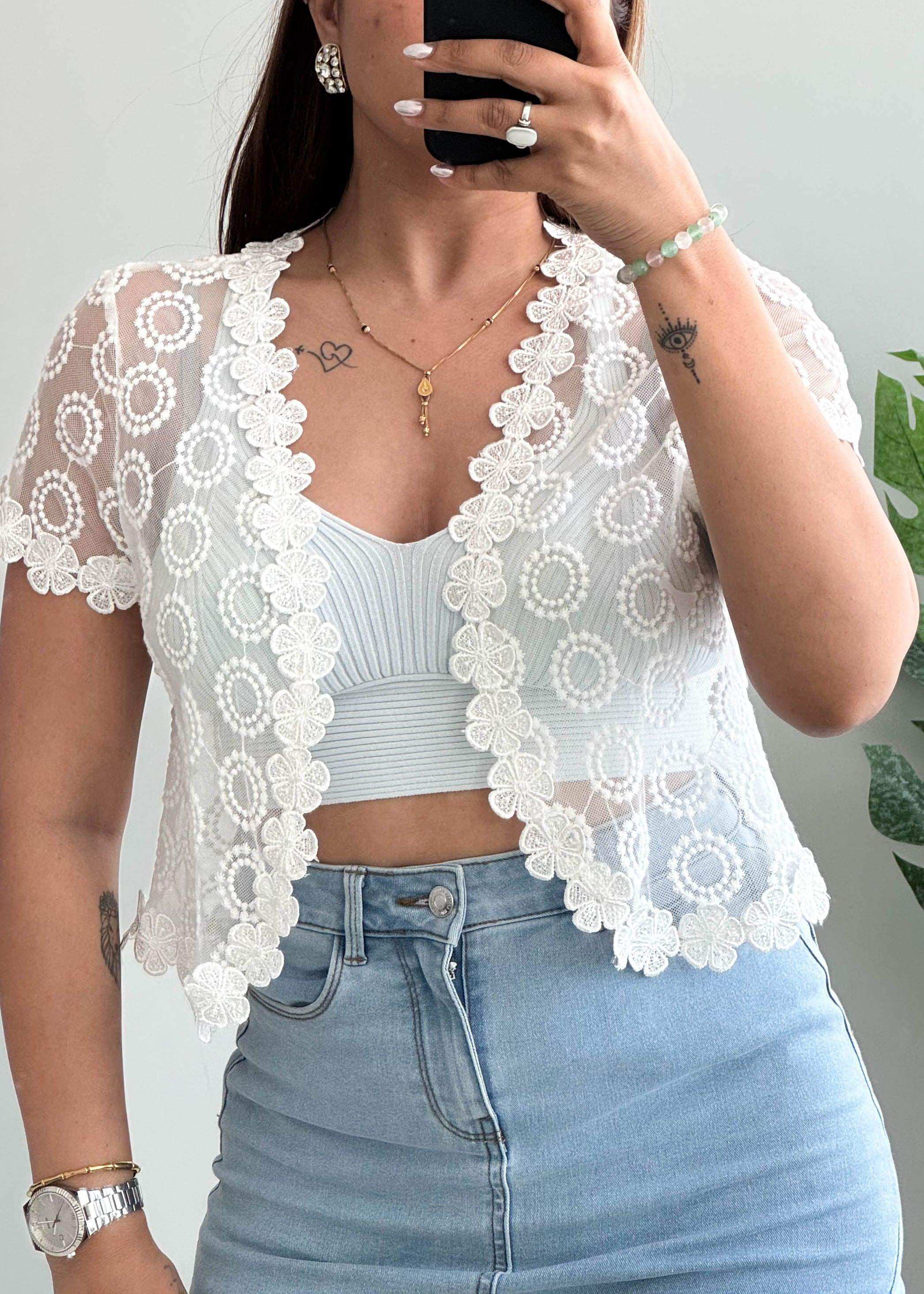 Size S-M, White Floral Lace Sheer Shrug Top for Women - Closet by Payal