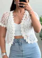 Size S-M, White Floral Lace Sheer Shrug Top for Women - Closet by Payal