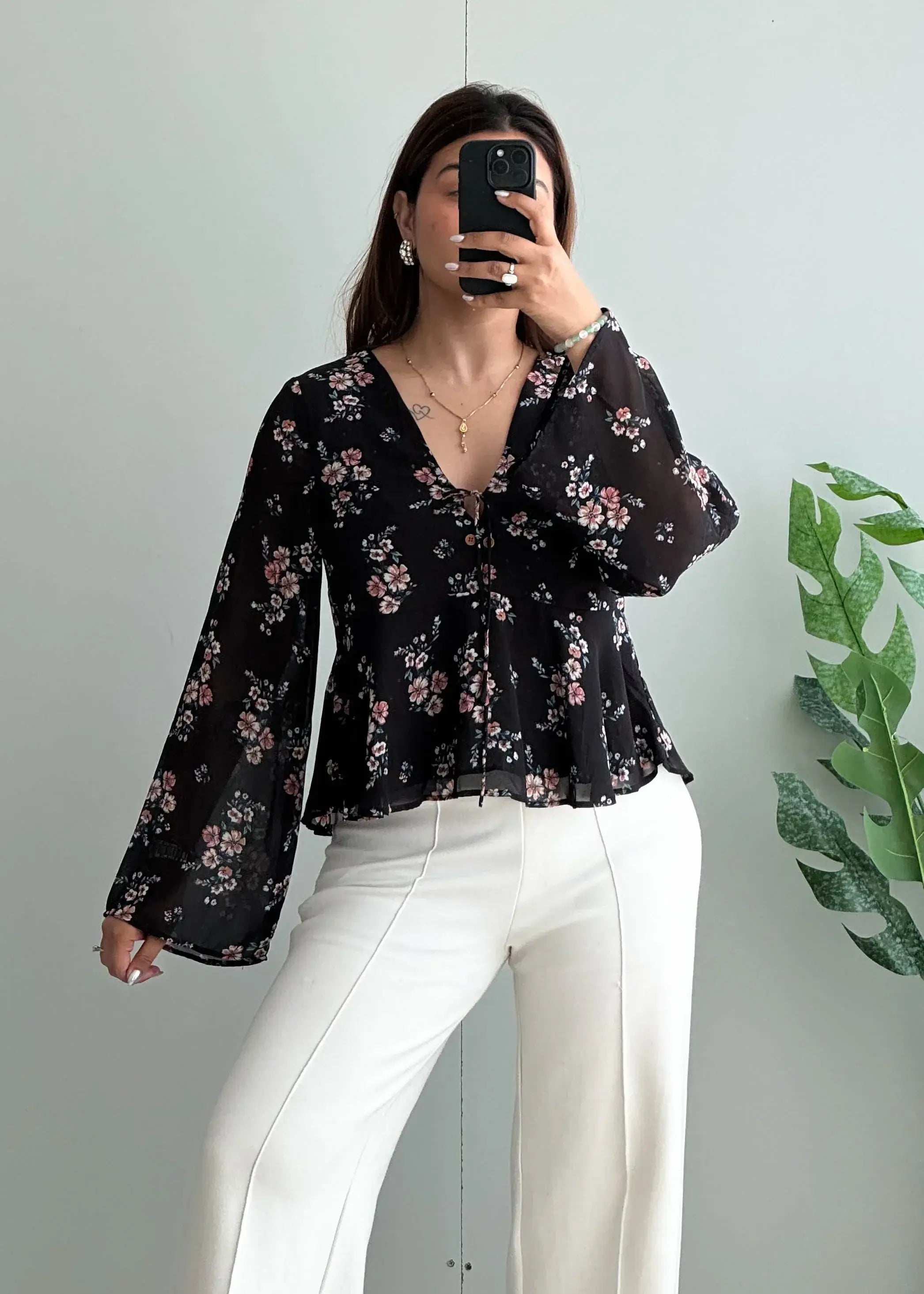 Size S-M, Black Floral Peplum Chiffon Top - Closet by Payal