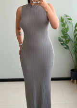 SIZE S-M, Grey Ribbed Sleeveless Maxi Dress - Closet by Payal