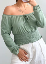 Size S-M, Sage Green Off-Shoulder Smocked Top - Closet by Payal