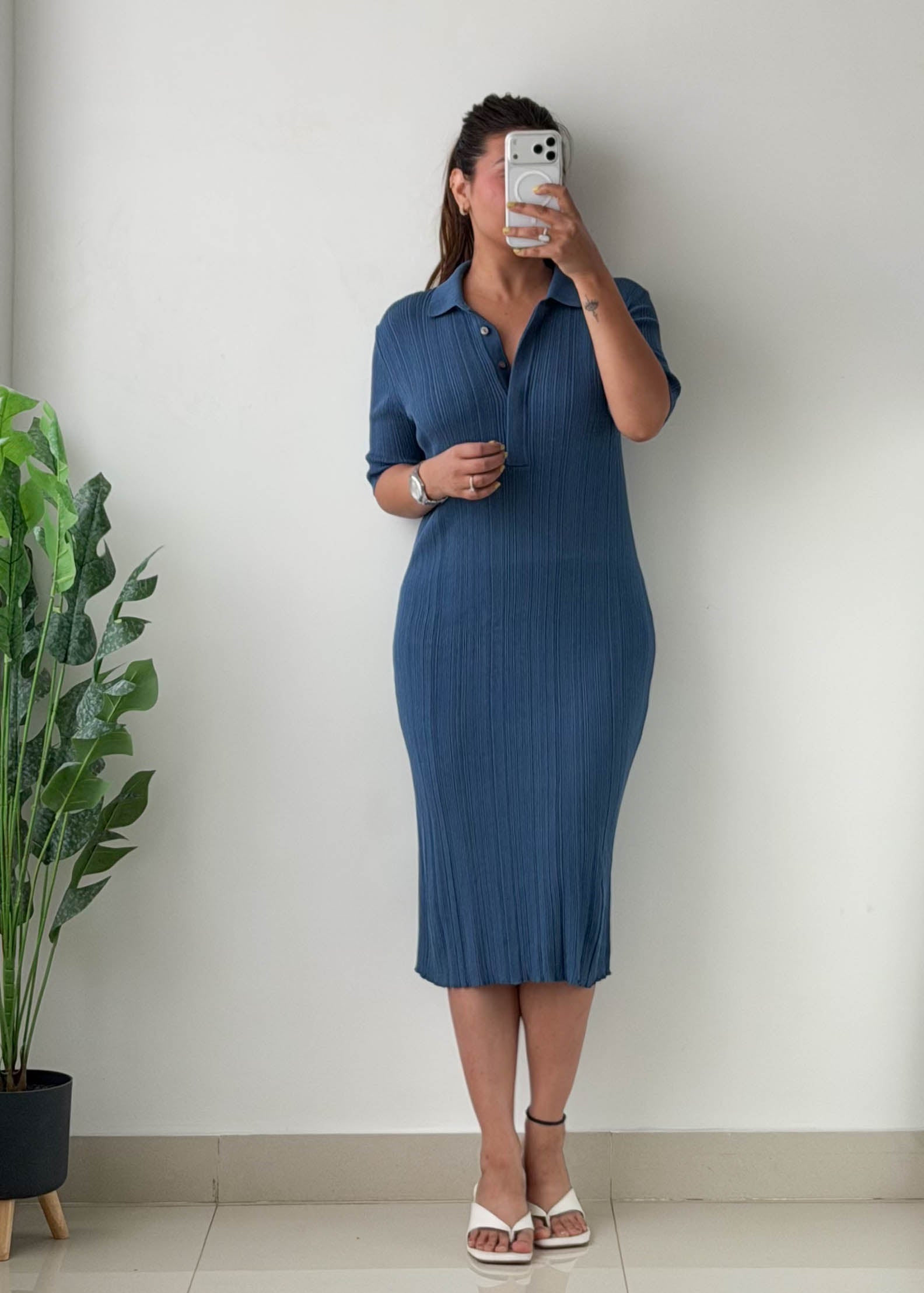 Size L-XL Blue Ribbed Polo Midi Dress