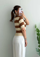 Size M-L, Brown Stripe Short Sleeve Top - Closet by Payal