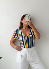 Size L-XL Multicolor Striped V-Neck Bodysuit