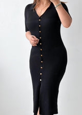 Size S-M Black Ribbed Button-Front Midi Dress